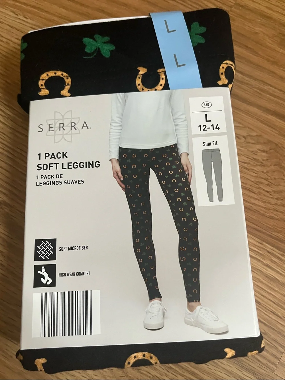 Serra Black Leggings with Gold Horseshoe and Green Clover Print